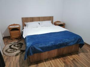 Un dormitorio con una cama con una manta azul. en Moldovița Residence, en Moldoviţa