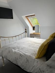 een slaapkamer met een bed, een raam en een televisie bij Tigh na Drochaid, Glen Nevis Entire Apartment in Fort William