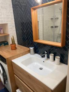 ein Bad mit einem Waschbecken und einem Spiegel in der Unterkunft Grande maison à 5 minutes des plages in La Rochelle