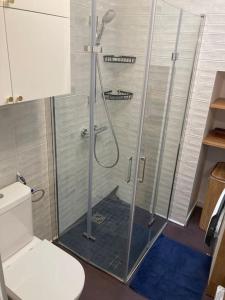 uma casa de banho com uma cabina de duche em vidro e um WC. em Grande maison à 5 minutes des plages em La Rochelle