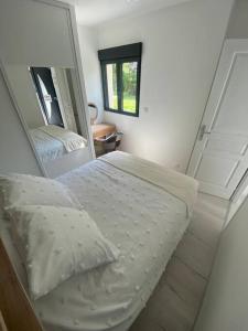 - une chambre avec un lit et un grand miroir dans l'établissement Tiny House DALIA Jardin & forêt 10 min de la gare, à Dammarie-les-Lys