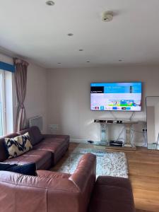 a living room with a couch and a flat screen tv at Excelsior Holiday Apartments Swansea- 2 bedroom includes Free Parking in Swansea