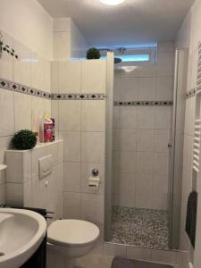 ein Bad mit einer Dusche, einem WC und einem Waschbecken in der Unterkunft Ferienappartement am Meer in Wilhelmshaven