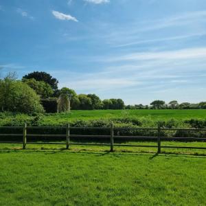 einen Zaun auf einem Feld mit grüner Weide in der Unterkunft Delilah the shepherd's hut in Sidlesham