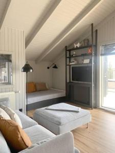ein Wohnzimmer mit einem Sofa und einem TV in der Unterkunft Heart of the Golden Circle with Hot Tub in Selfoss