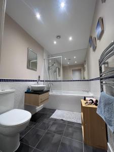 a bathroom with a toilet and a sink and a tub at Excelsior Holiday Apartments Swansea- 2 bedroom includes Free Parking in Swansea
