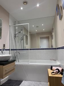 y baño con ducha y lavamanos. en Excelsior Holiday Apartments Swansea- 2 bedroom includes Free Parking, en Swansea