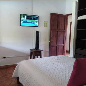Hostal Sueño Real Campestre في سان جيل: غرفة نوم مع سرير وتلفزيون بشاشة مسطحة على الحائط