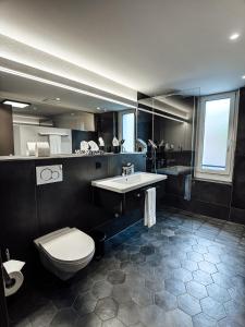 La salle de bains est pourvue de toilettes blanches et d'un lavabo. dans l'établissement Boutique Hotel Sonne Seuzach, à Winterthour