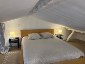 ein Schlafzimmer mit einem Bett mit zwei Kissen darauf in der Unterkunft LOFT COSY - CENTRE HISTORIQUE climatisé in Revel