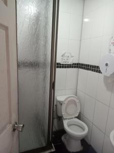 a bathroom with a toilet and a glass shower door at Habitaciones Pabla in Santiago