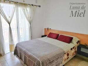 sypialnia z dużym łóżkiem z czerwonymi poduszkami w obiekcie Luna de Miel Apart Goya "Edificio Alero" RECOMENDADO w mieście Goya