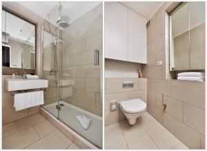 two pictures of a bathroom with a toilet and a shower at Luxe apartment Del Mare in Podstrana +35 photos