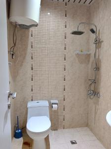a bathroom with a toilet and a shower at Aldar Hotel in Jazan