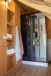 a shower in a room with a glass door at Domus Olea Glamping in Ceglie Messapica