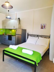 a bedroom with a large bed with a green blanket at Green Studio Nidri in Nydri