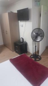 Zimmer mit einem Ventilator und einem roten Teppich in der Unterkunft HOTEL JIMENA in Iquique