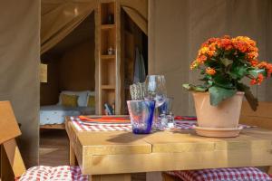 a table with a potted plant on top of it at Domus Olea Glamping in Ceglie Messapica