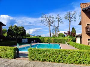 a swimming pool in a garden with bushes at Apartment Karol in Manerba del Garda