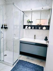 W łazience znajduje się umywalka i prysznic. w obiekcie Luxury apartment magical Portorose w Portorožu