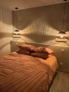 een bed met 2 kussens in een slaapkamer met 2 verlichting bij T2 neuf, 1 chambre, golf Valcros in La Londe-les-Maures