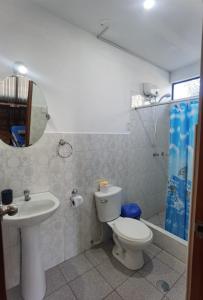 La salle de bains est pourvue de toilettes, d'un lavabo et d'une douche. dans l'établissement Hotel Su Majestad, à Tingo María
