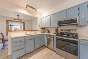 a kitchen with blue cabinets and stainless steel appliances at Silver Woods - New Vacation Rental - Lake Access Half a Mile away in Fennville +10 photos