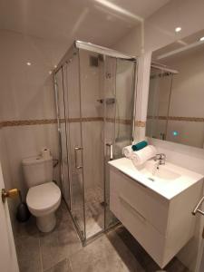 a bathroom with a shower and a toilet and a sink at Blue Butterflies Studio in Empuriabrava
