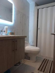 a bathroom with a toilet and a sink and a mirror at Departamento con jacuzzi 5 piso Condado 2 habitaciones in Quito