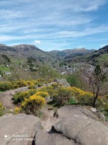 vista dalla cima di una collina con rocce e fiori di Chalet des fontaines claires ad Aydat