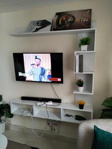 a living room with a tv on a wall at Yalacosy homes in Kitengela 