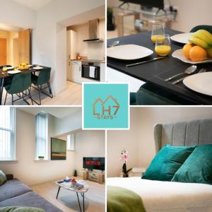 un collage de fotos de una sala de estar y una cocina en Central Location, Stylish Apartment, Discounts, en Leeds