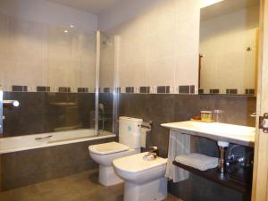 uma casa de banho com um WC, um lavatório e um chuveiro em Hotel Jauregi Borda em Maya del Baztán