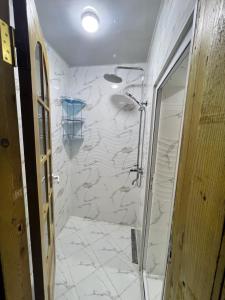 a bathroom with a shower with a stone wall at STS-Family home guest house in Samarkand