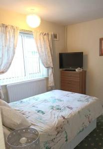 a bedroom with a bed and a tv and a window at Bungalow in Shildon County Durham in Shildon