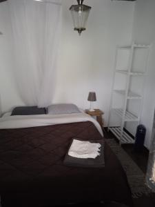 een slaapkamer met een bed en een lamp en planken bij Casa Pintarolas in Lousã