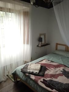 a bedroom with a bed with a blanket and a window at Casa Pintarolas in Lousã
