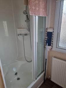 a shower with a glass door in a bathroom at Summerlands, Ingoldmells 8 berth caravan in Skegness