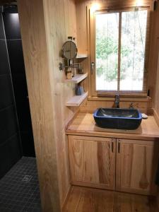 a bathroom with a blue sink and a window at Cabane de Pêcheurs Huraia in Vielle-Saint-Girons