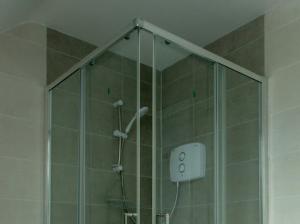 y baño con ducha y puerta de cristal. en The Gardens B&B en Birr