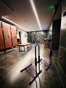 een fitnessruimte met paarse fitnessapparatuur en een bank bij PHILSON Apartments in Saalbach Hinterglemm
