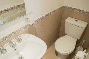 a bathroom with a white toilet and a sink at Cabañas Mellmell in Mar de las Pampas