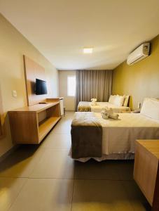 a hotel room with two beds and a television at Pousada Cerrado in Goiânia