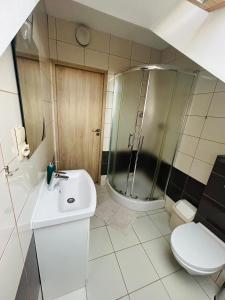 W łazience znajduje się prysznic, umywalka i toaleta. w obiekcie Mazurek Pokoje do wynajęcia w mieście Zełwągi