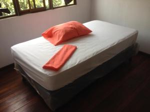 Santiago Este的住宿－El Cacique EST 2003，一张带橙色枕头的床和一条毛巾