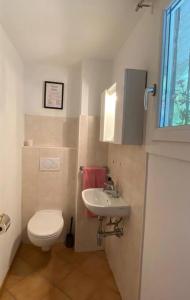 La petite salle de bains est pourvue de toilettes et d'un lavabo. dans l'établissement Casa Lilia, à Lugano
