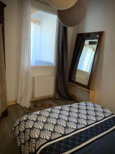 a bedroom with a bed and a mirror and a window at Appartement lumineux de 35m² en centre-ville in Ruffec