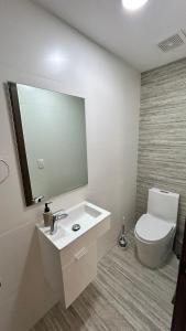 y baño con aseo, lavabo y espejo. en Moderno y acogedor apartamento, en Santo Domingo