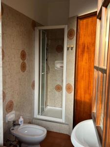 a bathroom with a shower and a toilet and a sink at Villa Luisa in Gorle