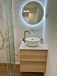 a bathroom with a sink and a mirror at Alpine Echo Apartments in Bovec